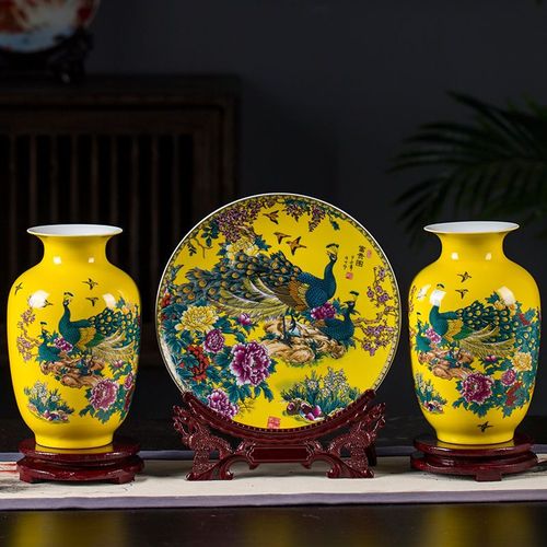 景德镇陶瓷器现代简约富贵图三件套花瓶装饰品摆件家居客厅工艺品